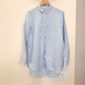 Pure Navy 100% Linen Light Blue Collared Button-Up Shirt Women's large